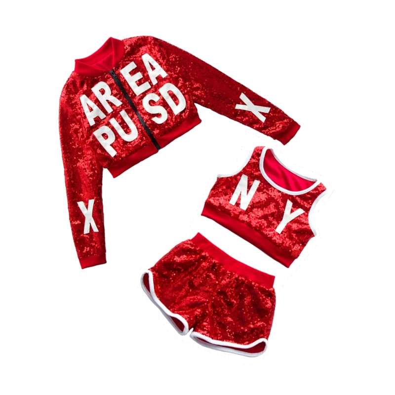 

boys and girls hip hop costumes unisex red sequin street dance clothing tops, shorts and jacket children jazz dance outfit