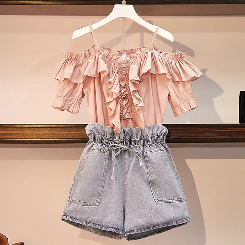 Женский комплект из 2 предметов блузка с воротником-лодочкой и оборками топ