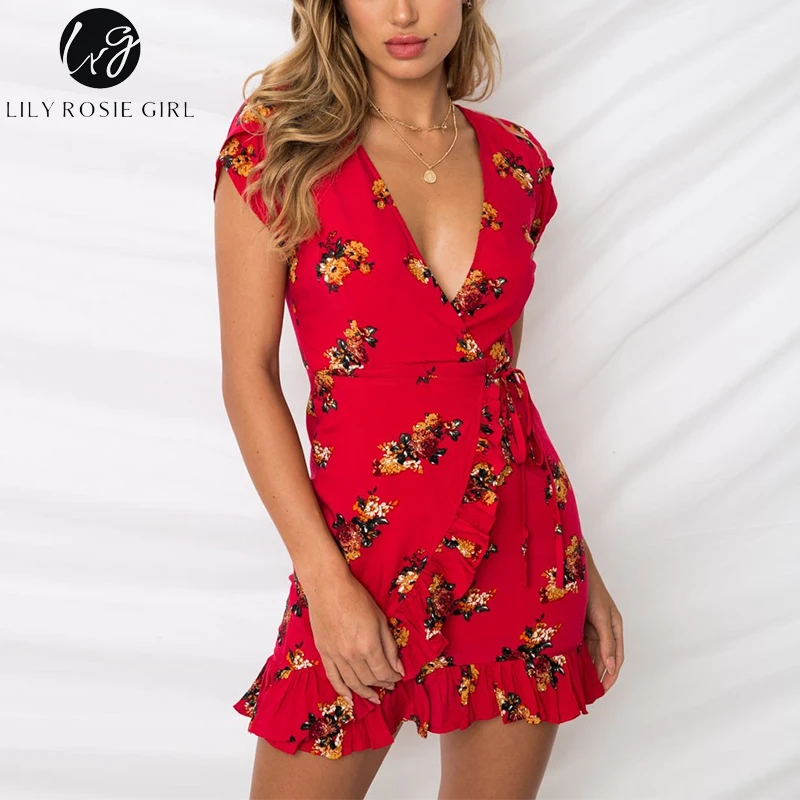 Lily Rosie/красное пляжное мини платье с цветочным принтом для девочек сексуальное