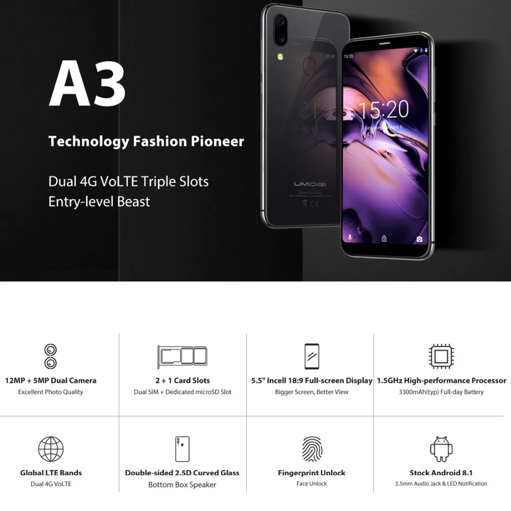 Смартфон UMIDIGI A3 с 5 дюймовым дисплеем четырёхъядерным процессором ОЗУ 2 Гб ПЗУ 16 12