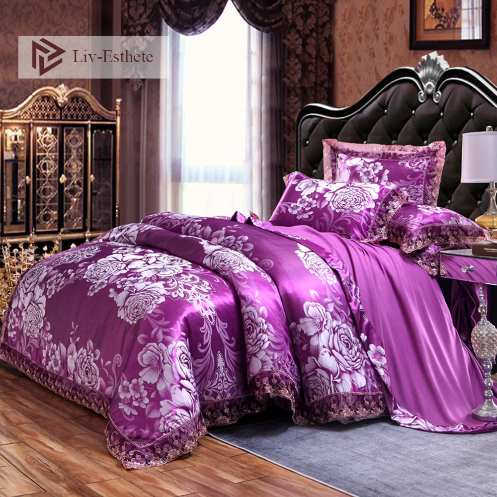 

Liv-Esthete Luxury Purple Satin Jacquard European Bedding Set Lace Side Duvet Cover Flat Sheet Queen King Bed Linen For Adult