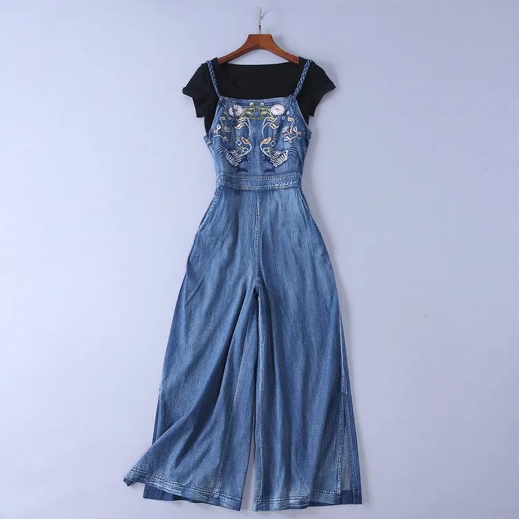 Denim jumpsuit women 2018 Fashion Floral Embroidery Blue Jean overalls Elegant Sleeveless Strapless Wide Legs pants Bodysuits | Женская