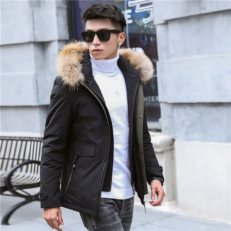 

2019 new Men's Short Slim Cotton Winter jacket Fake Two Thick Fashion Hooded With Large Fur collar Black jacket More Sze M-4XL