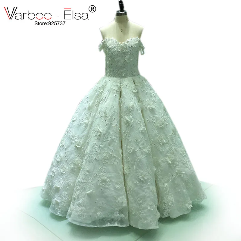 

VARBOO_ELSA Custom Made Sweetheart Wedding Dress White Organza 3D Floral Pearl Beaded Bridal Gown 2021 off shoulder Wedding Gown