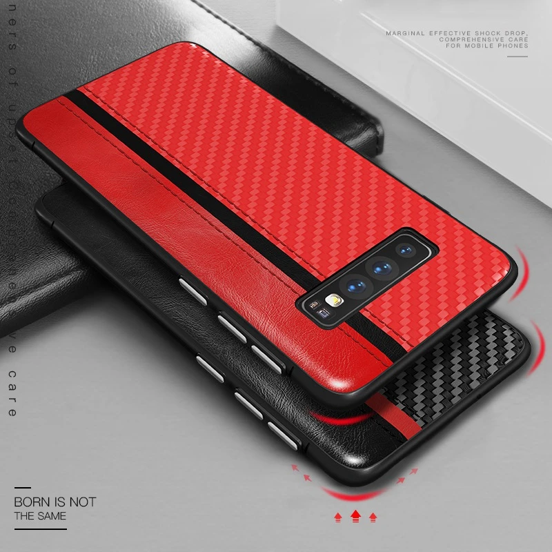 PU Leather Carbon Fiber Texture Phone Case for Samsung Galaxy S10 Hard Back Cover Plus S10e Coque |