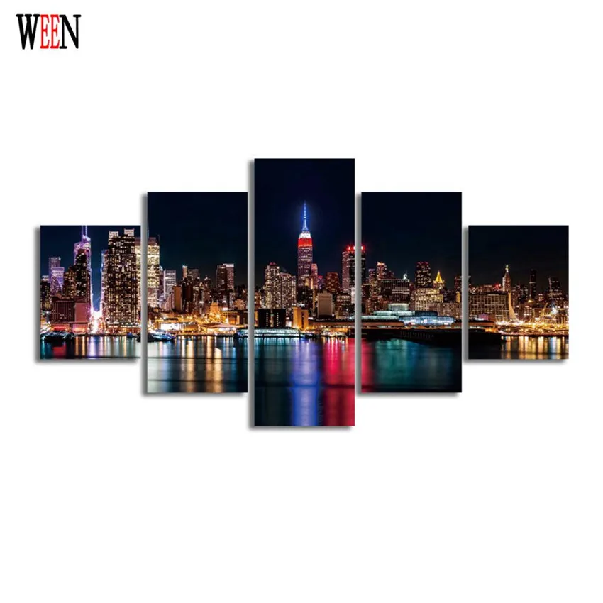 Ночной город холст искусство 5 шт. мост куадро декорацион винтажные современные