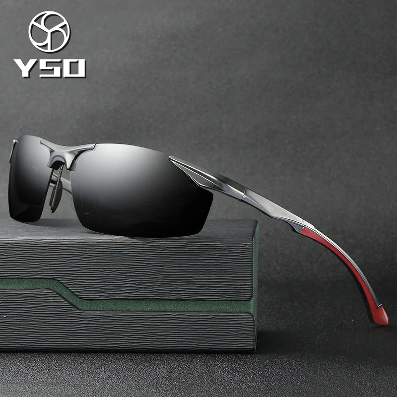 

YSO Sunglasses Men Polarized UV400 Aluminium Magnesium Frame Sun Glasses Driving Glasses Semi Rimless Accessories For Men 8585
