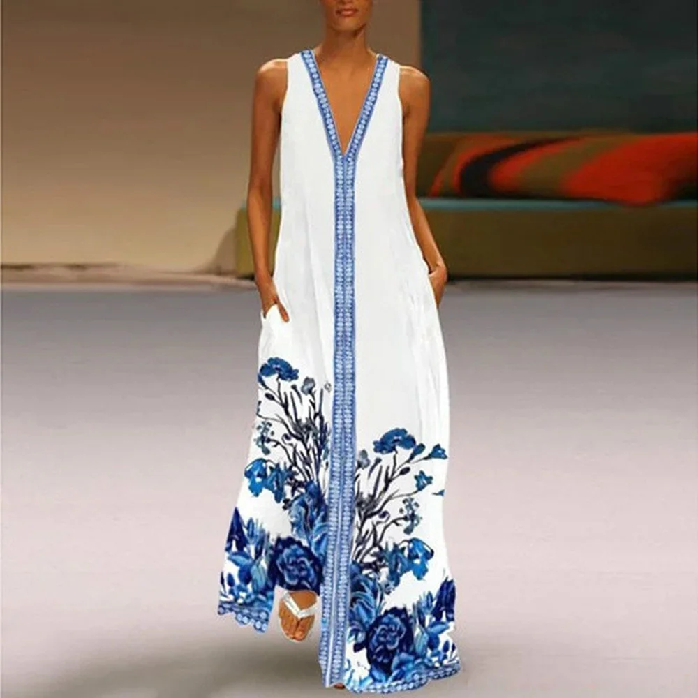 Женские платья богемный цветочный принт без рукавов комбинезон тонкий v образный