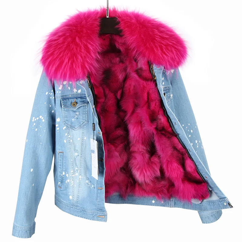 light denim rose fur MaoMaoKong, Женское зимнее пальто, большой воротник из меха енота, джинсовая подкладка из натурального Лисьего меха, верхняя одежда, брендовые стильные парки - Цвет: light denim rose fur
