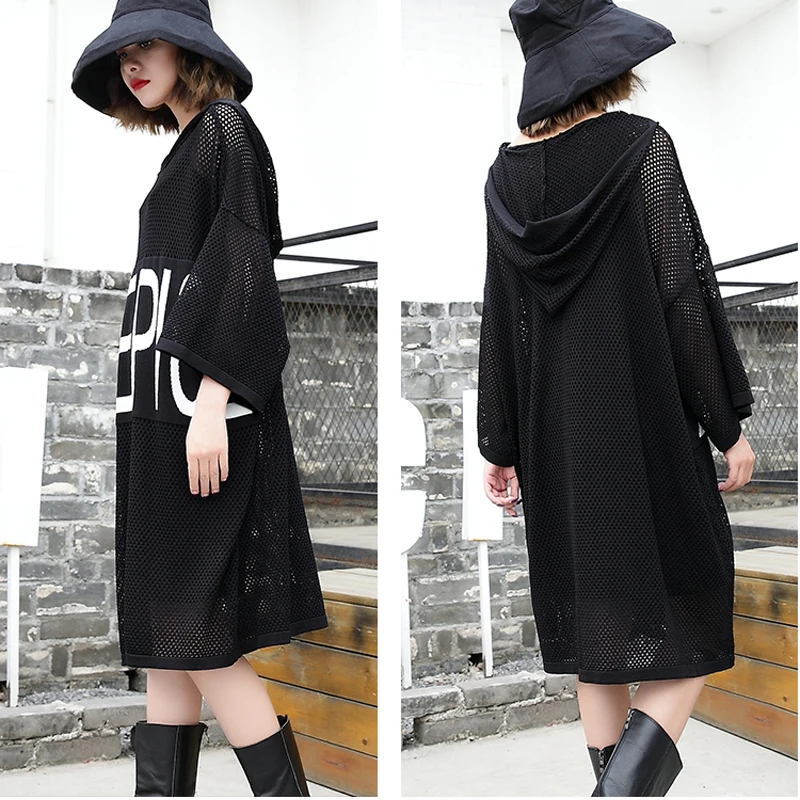 Хонсонгхан: женский летний свободный трикотажный Худи с принтом букв, прозрачной сетчатой вставкой и открытыми рукавами на запястьях, 2018 год.