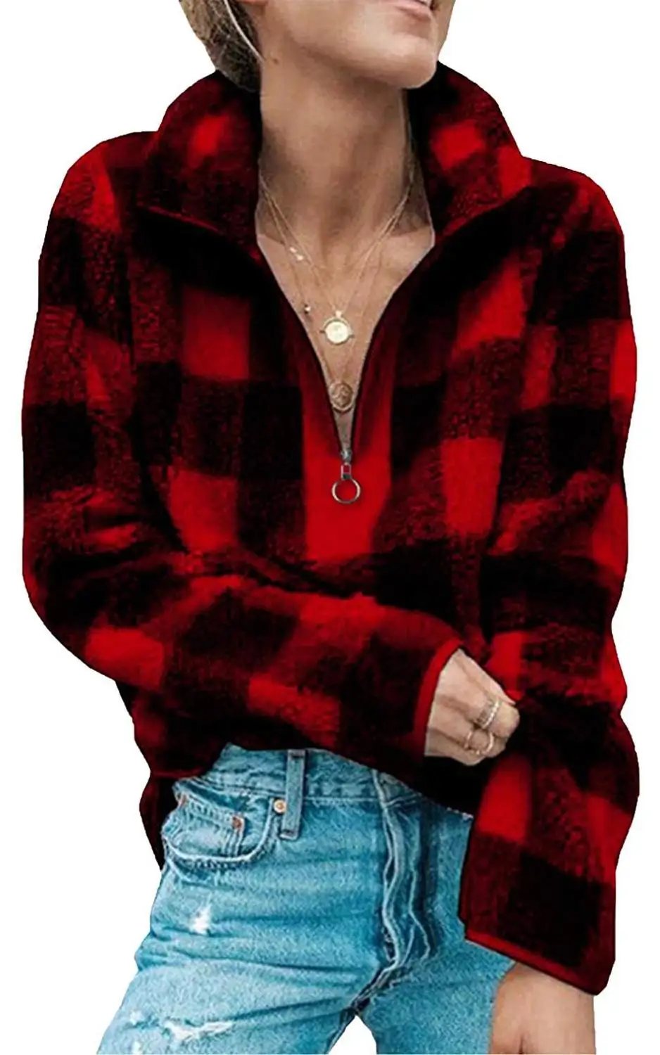 2019 Women Long Sleeve 1/4 Zipper Lapel Fleece Pullover Sweater shirt Warm Plaid Fluffy Hoodies Sherpa Knit Soft Outwear Coat | Женская