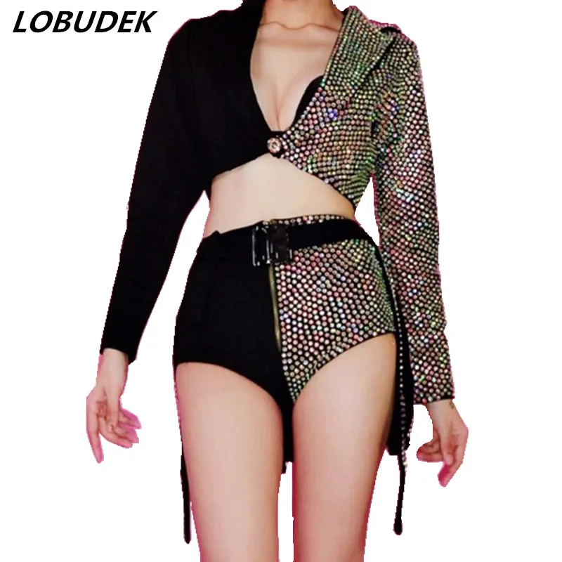 Женский короткий костюм двойка AB жакет со стразами и блестящими кристаллами для