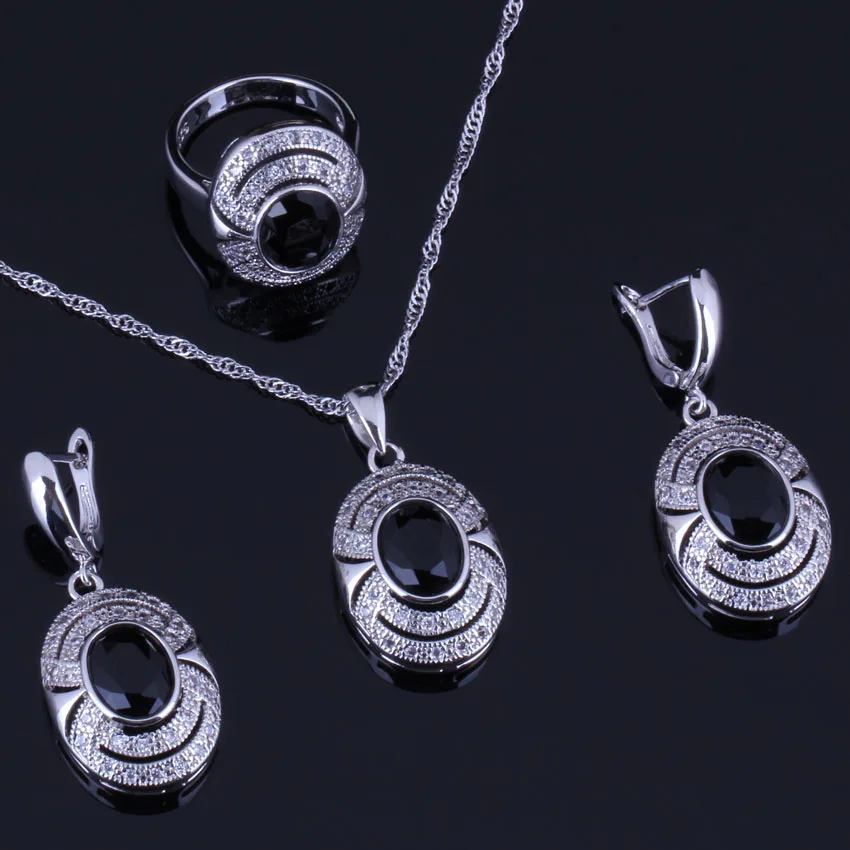 

Rare Oval Egg Black Cubic Zirconia White CZ Silver Plated Jewelry Sets Earrings Pendant Chain Ring V0272