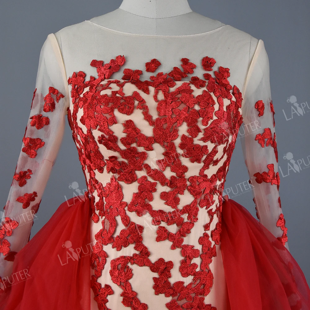 Real Photos Sheer O-neck Tulle Red Evening Dress with Puffy Removable Skirt Lace Applique Floor Length Prom Party Arabic | Свадьбы и