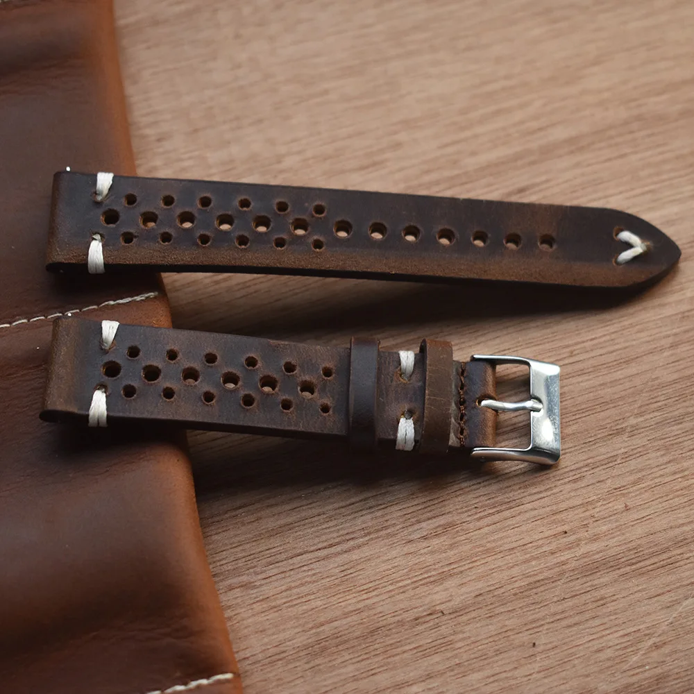

Vintage Hand-Stitched Leather Watch Strap Tanned Oil Waxed & Suede calfskin Perforated Watch Bands 18mm 20mm 22mm