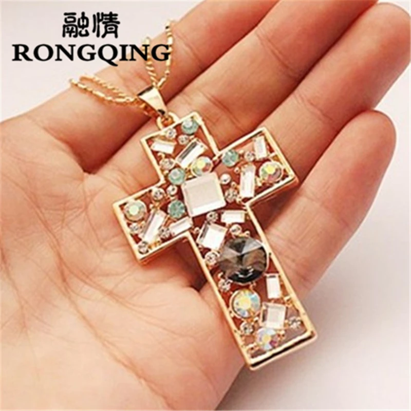 RONGQING горный хрусталь крест кулон свитер цепь ожерелья длинное ожерелье для