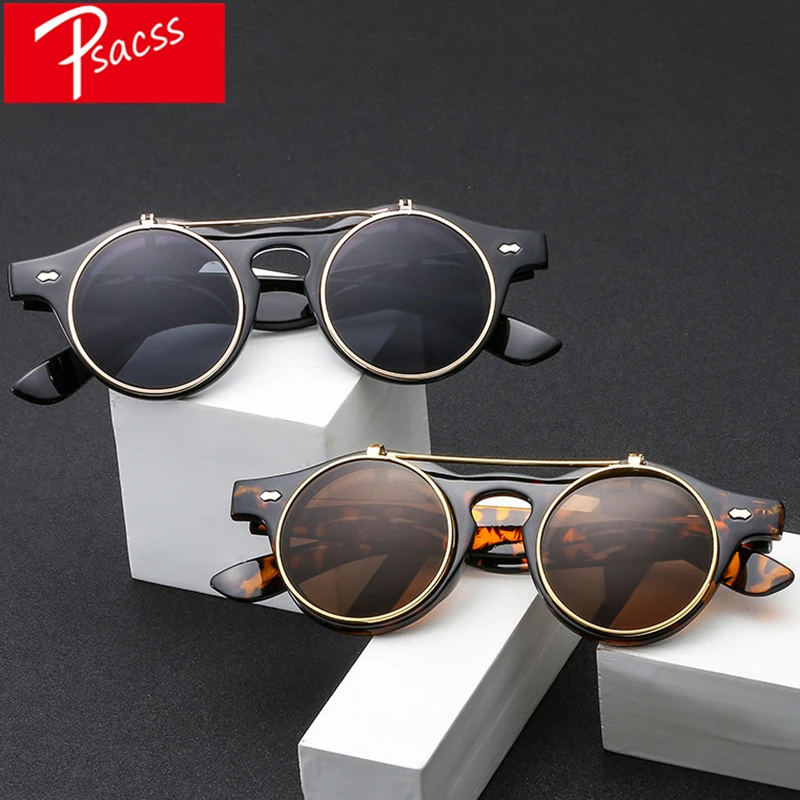 

Psacss Round Steampunk Sunglasses Women Men Flip Lens Vintage Brand Designer Women's Retro Sun Glasses UV400 gafas de sol mujer