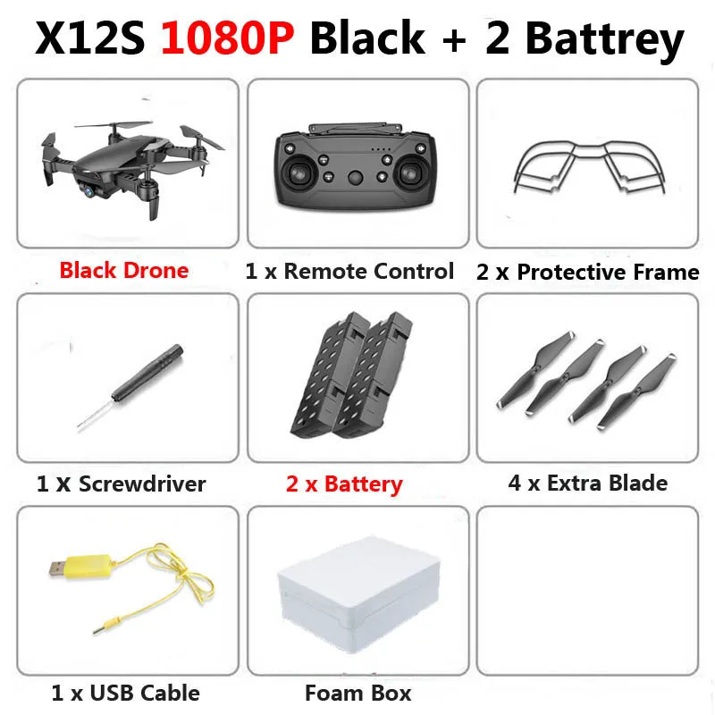 1080P Black 2B Foam X12S мини складной Дрон с камерой 4K 1080P широкоугольный WiFi FPV удерживающий высоту RC Квадрокоптер Вертолет игрушка SG106 E58 - Цвет: 1080P Black 2B Foam