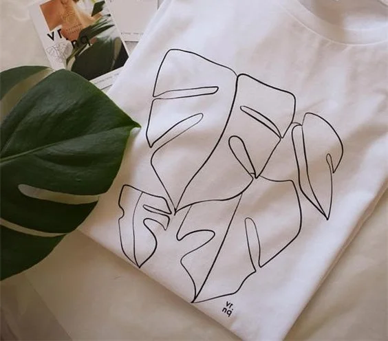 HAHAYULE-JBH Monstera T-shirt Line Art Unisex Handmade Silk Screen Print | Женская одежда