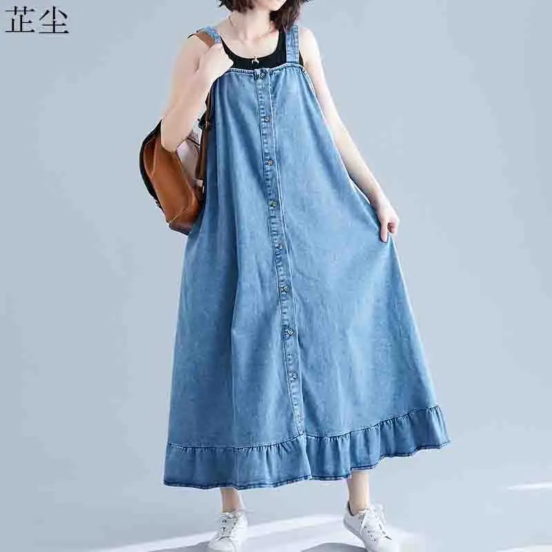 

Plus Size Women Denim Dress Overalls Cotton Sexy Sleeveless Big Size Jeans Pockets Strap Dress Loose Female Vestidos Autumn 2019