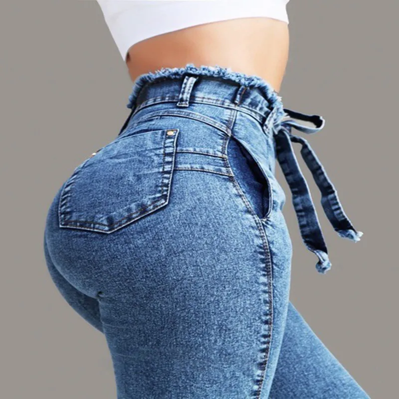 Women's Jeans Slim Fit Stretch Fringe Belt High Waist Z9 | Женская одежда