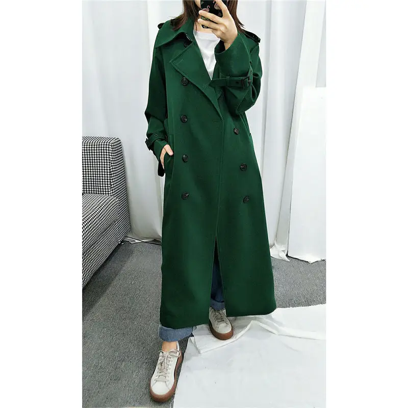 Autumn Fashion Double-breasted Green Windbreaker Korean Casual Jacket Basic Belt Long Coat For Office Ladies Overcoat f1081