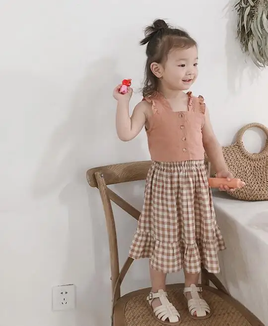 orange clothes set Лето ; Модный жилет для маленьких девочек+ клетчатая юбка; комплект из 2 предметов; Детские хлопковые повседневные комплекты одежды; детская одежда - Цвет: orange clothes set