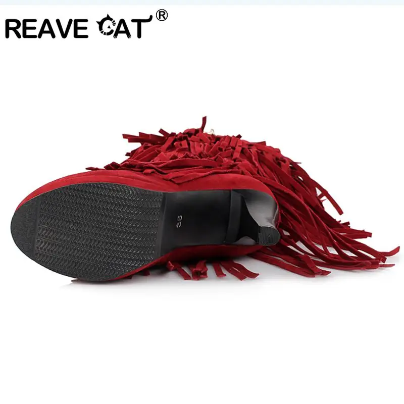 Женские сапоги с мехом REAVE CAT новые зимние до колена из флока на высоком каблуке