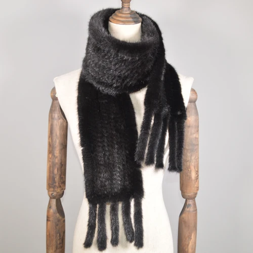 New Long Style Women Real Mink Fur Scarf Genuine Real Mink Fur Ring Scarfs Warm Soft Quality Knitted Real Mink Fur Shawl Scarves - Цвет: black