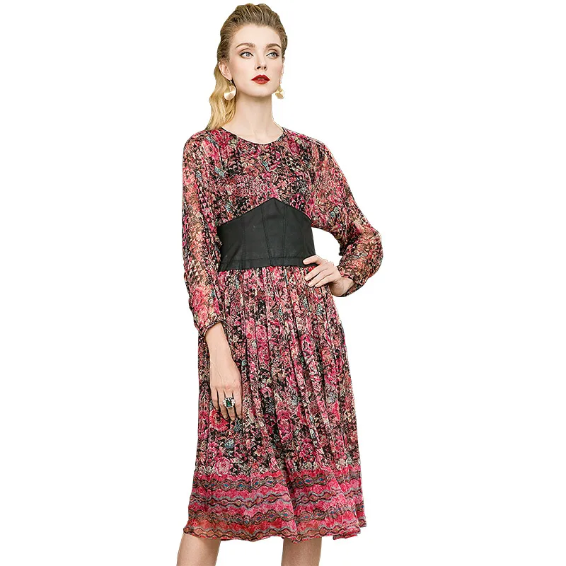 

POKWAI Autumn Women New Bat Sleeve Sheepskin Stitching Contrast Pleated Slim Printed Silk Dress