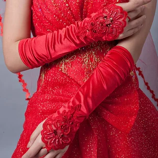 

Long design lace bridal gloves married lucy refers to beading wedding gloves wedding gloves red beige G006