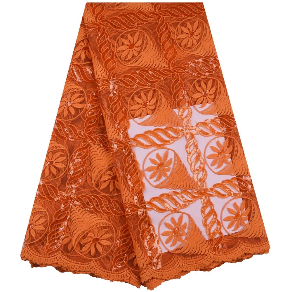 

Latest Orange African Lace Fabric High Quality Sequins Lace Fabric Embroidered French Tulle Lace Fabric For Wedding Dress S1637