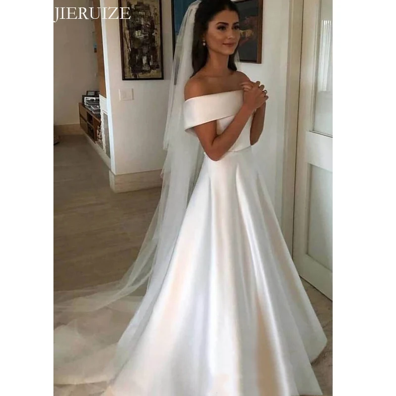

JIERUIZE White Satin Simple Wedding Dresses Off The Shoulder Cheap Wedding Gowns Bride Dresses robe de soiree