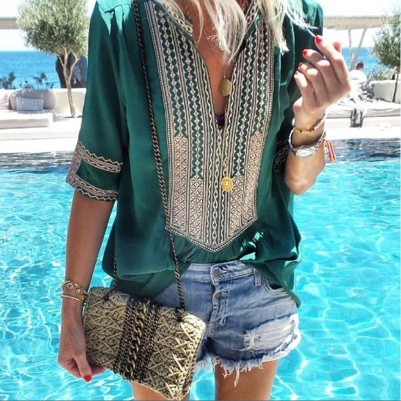 

Women Casual Loose T-shirts Elegant V Neck Half Sleeve Summer Striped Tops H9