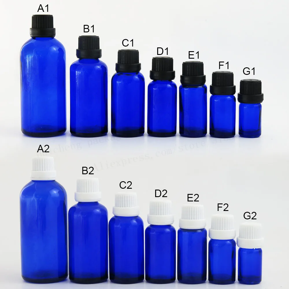 

12 x 5ml 10ML 15ml 20ml 30ml 50ml 100ml Cobalt Blue Small Glass Essential Oil Bottle With White Black Tamper Evident Cap Reducer