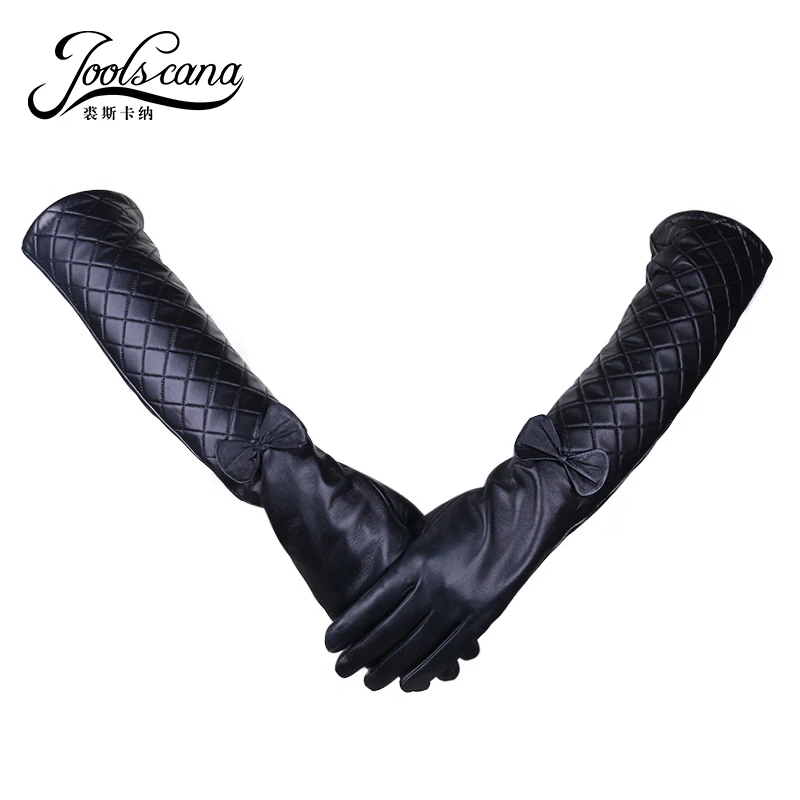 

JOOLSCANA long gloves female leather gloves winter gloves women Italian genuine leather with bowknot and tartan design 2017new