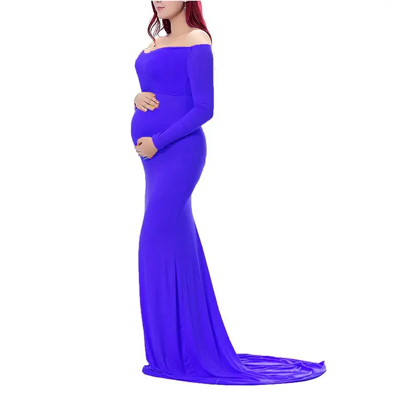 VOGUEON Women V Neck Maternity Dress Long Sleeve Ruched Maxi Photography Clothes Lady Mermaid Pregnant Baby Shower Evening Gown - Цвет: Blue Dress