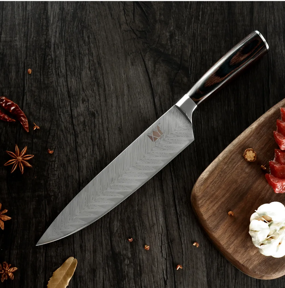 XYj 7cr17 нож из нержавеющей стали резак для замороженного мяса изгиб ручки 8 дюймов шеф-повара Дамасские жилы кухонный нож устройство резки овощей