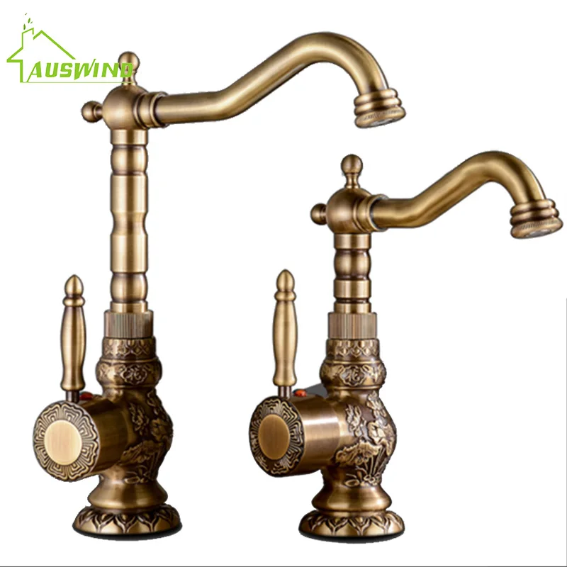 

Brass Kitchen Faucet European Antique Faucet Retro Carved Basin Faucet Rotating Single Handle Single Hole Hot And Cold Water Tap