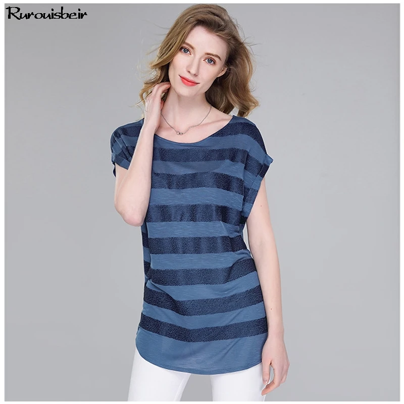 Casual O Neck Striped Top T Shirt Women Chic Embroidery Short Sleeve Tee Femme 2019 Summer Chiffon Plus Size | Женская одежда
