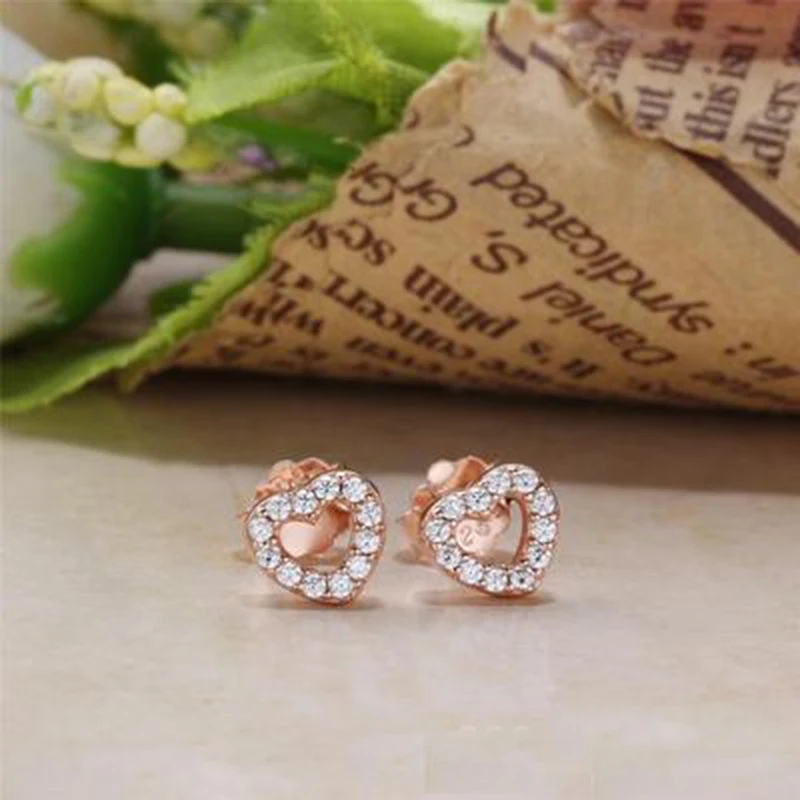 Genuine 925 Sterling Silver Earrings Rose Gold Full Crystal Heart Stud for Women Children Girls Princess Aros Aretes | Украшения и