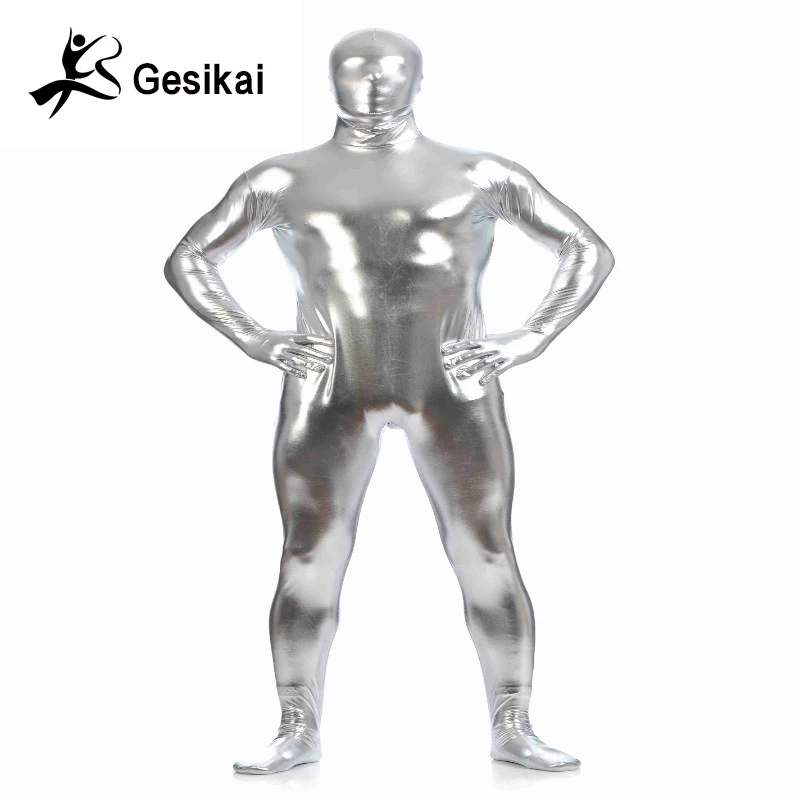Мужское блестящее боди Zentai с металлическим блеском костюмы колготками на молнии