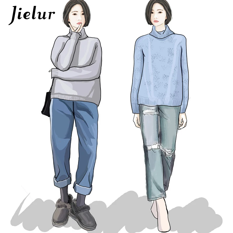 Jielur Sweater Female Simple Solid Color Warm Comfortable Women's Turtleneck Gray Blue Korean Long Sleeve Winter Women | Женская