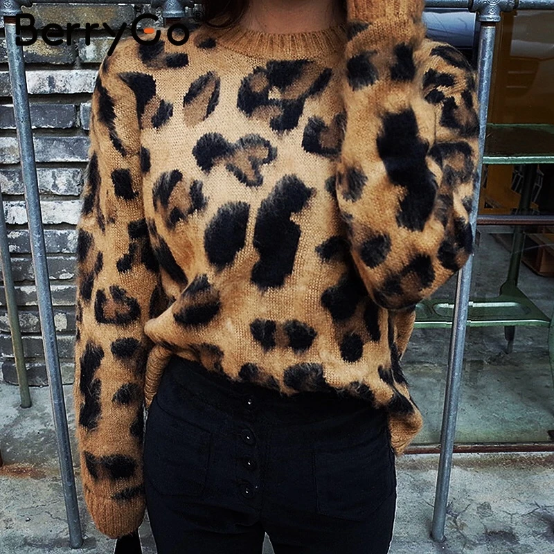 BerryGo Leopard knitting women sweater Knitted vintage sweaters female 2018 autumn winter long sleeve causal jumper | Женская одежда