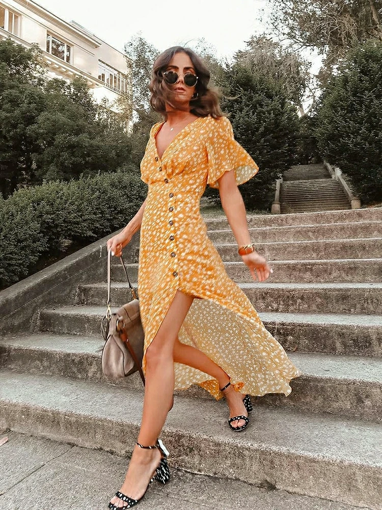 OOTN Желтый платье с принтом Для женщин Асимметричный пуговицах Flare длинное платье женский сарафан с короткими рукавами элегантные на лето и весну