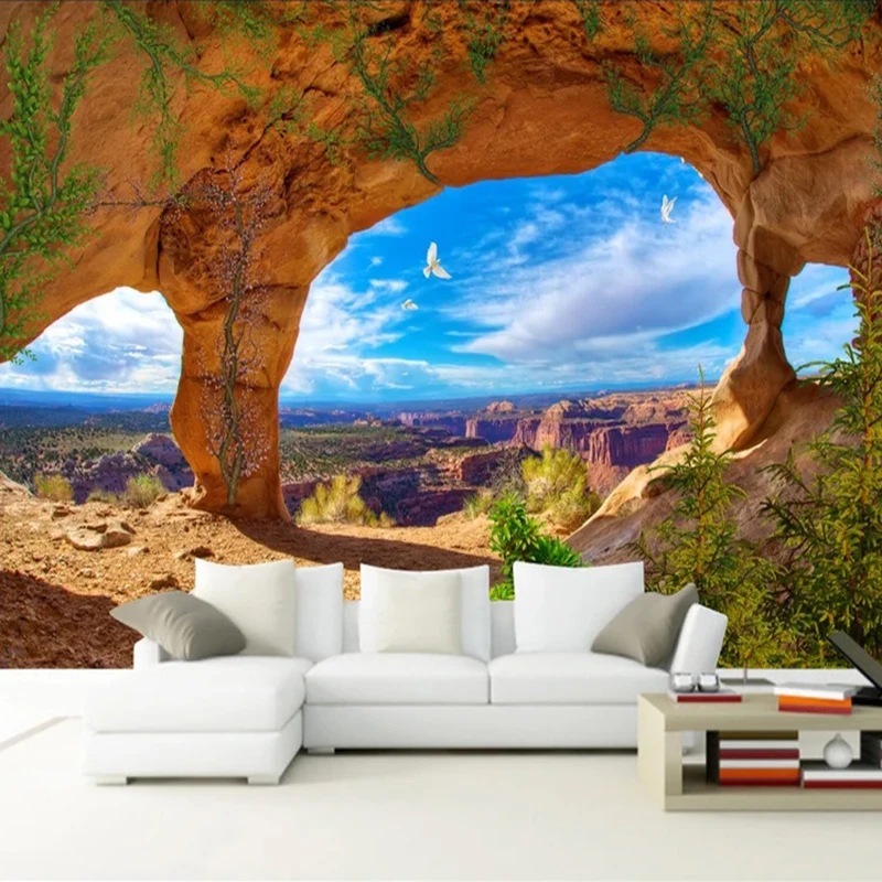 

Custom Mural Wallpaper Blue Sky And White Clouds Cave Landscape 3D Photography Backdrop Photo Wallpaper For Living Room Bedroom