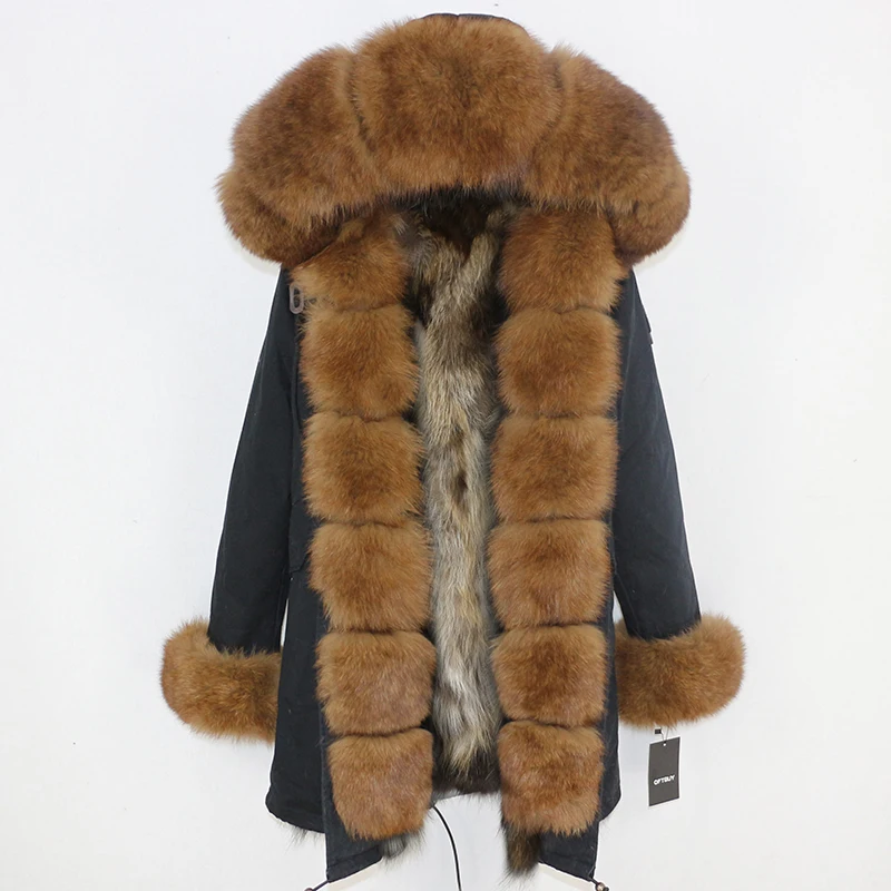 OFTBUY, длинная парка, зимняя куртка для женщин, натуральный Лисий мех енота, пальто с воротником, толстая теплая верхняя одежда, уличная одежда, съемная - Цвет: black brown