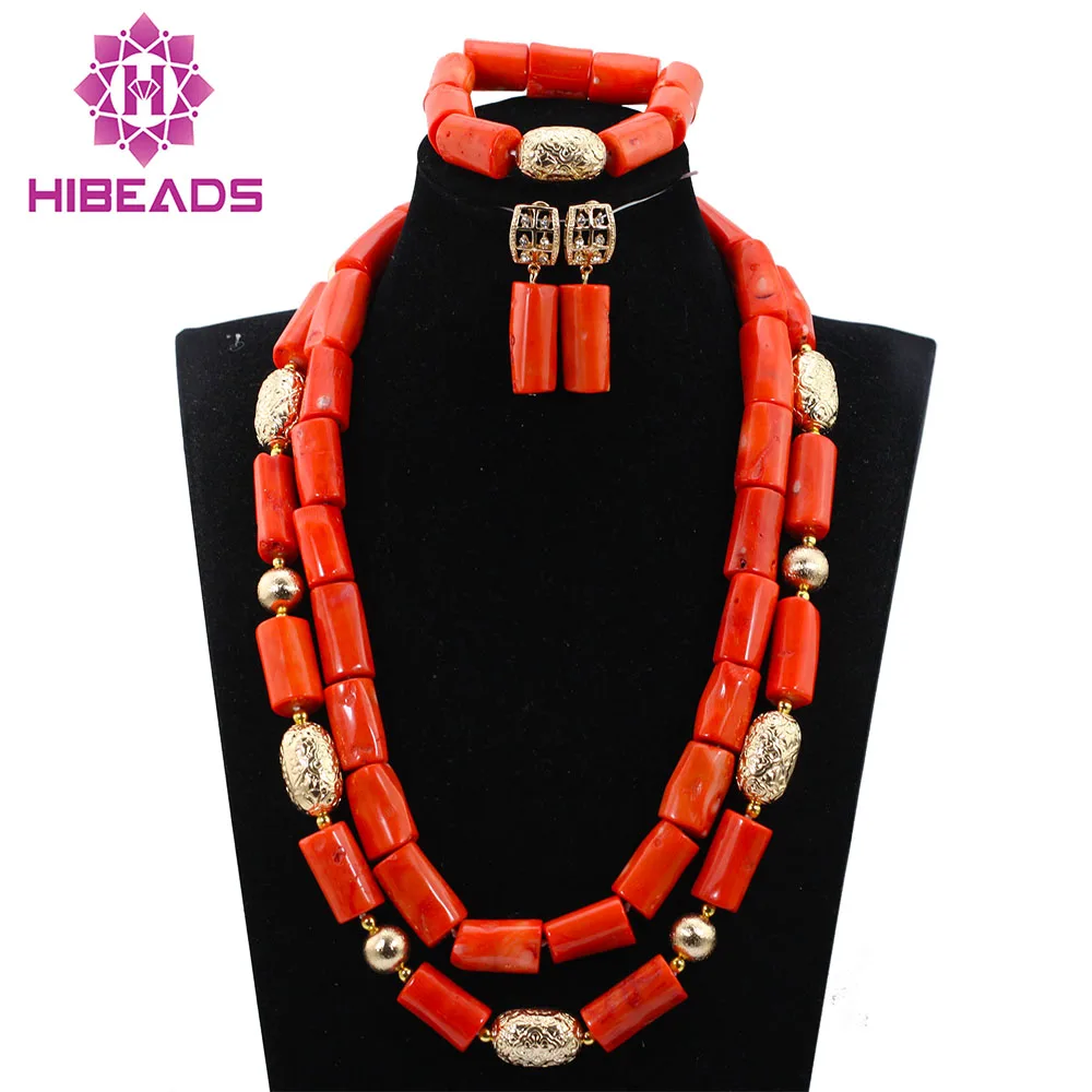 Новейшая оранжевый 3 ряда коралловый Бусины Jewelry в африканском стиле Свадебные/Для женщин Бусины Цепочки и ожерелья комплект ювелирных изделий cj872