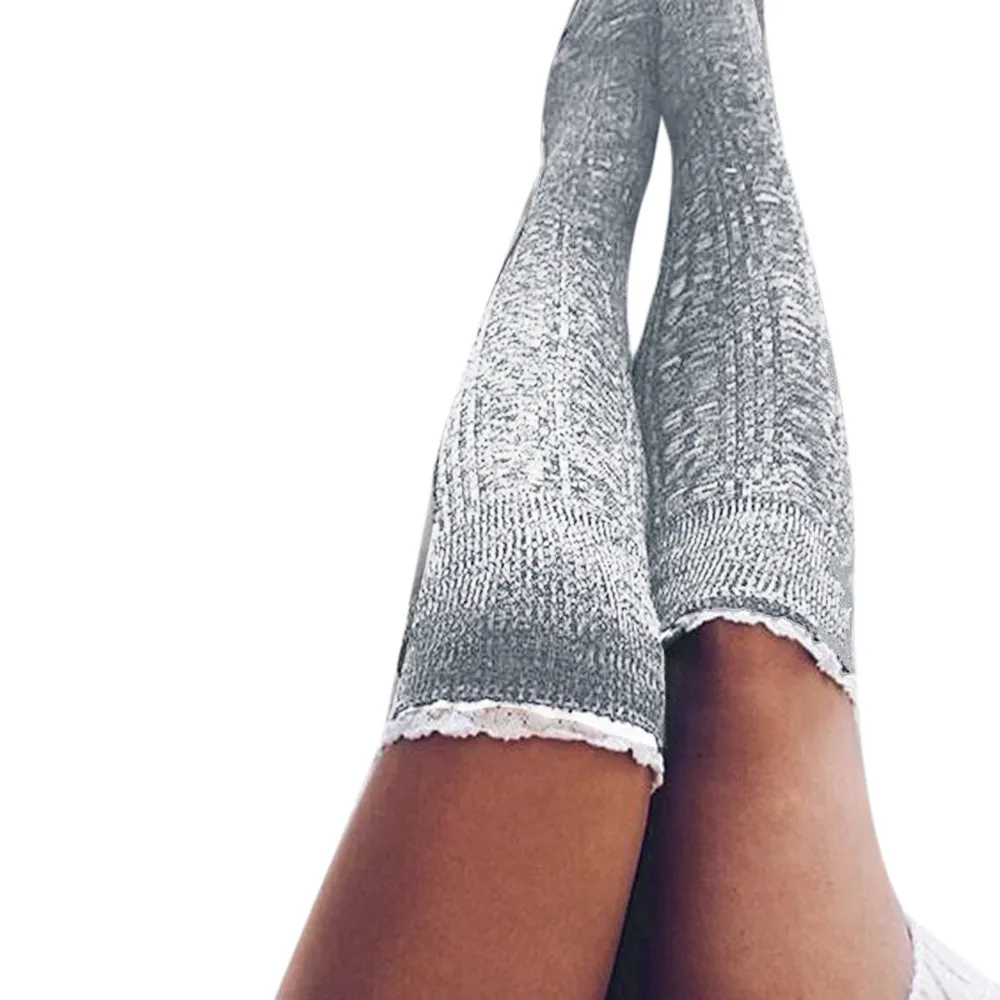 Женские забавные хлопковые длинные кружевные Вязаные гольфы выше колена зимние