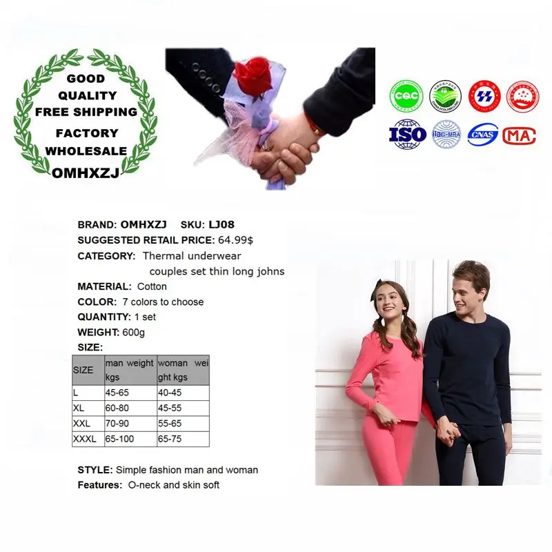 OMHXZJ wholesale 7 colors to choose unisex winter O-neck thin thermal underwear warm couples sets solid long johns LJ08 | Женская одежда